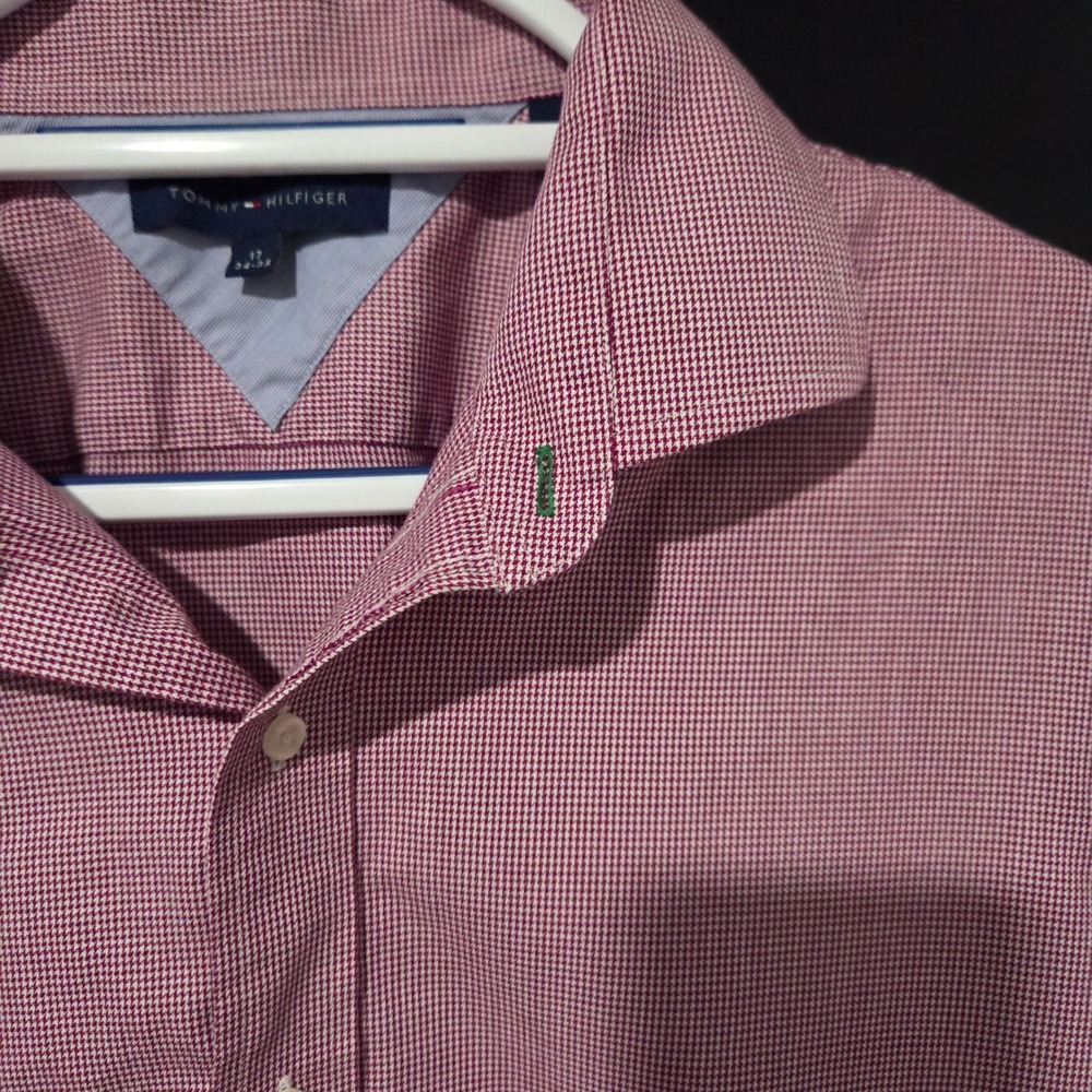 Tommy Hilfiger Men's Red White Houndstooth Dress Shirt Size 17 34/35